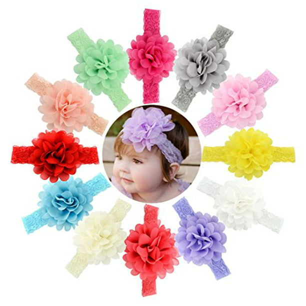 12pcs Baby Girl Headbands Chiffon Flower Lace Band Hair Accessories for Newborns